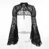 Women's T Shirts 2023 Vintage Gothic Black Lace T-shirts Women Streetwear Flare Fare Sleeve See Through Sexy Smock Top Elegant Aesthetic Cropped