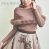 Suéteres femininos NINIMON Fur Trim Collar Knit Jumper Fuzzy Cloak Temperamento Malha Pulôver Sólido Outono Inverno Slim 230831