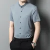 メンズTシャツ2023エレガントなマンダリンカラージェントカジュアルブルーグリーンオフィスを着る大サイズのブラウス夫服男性ファッショングレー