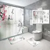 Shower Curtains Ink Painting Shower Curtain Set with Cover Non-Slip Bath Mat Drawings Sakura Waterproof Shower Curtain Set R230831