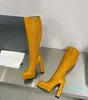 LETHER KNEE SOOTS POOLED TOE Block Chunky Heels Booties lädersula för grilar Kvinnor Luxur Designer Botton Shoes Factory Factwear