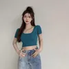 T-shirt da donna Crop Top Donna 2023 Camicia estiva solida Stile coreano T-shirt a maniche corte American Retro Y2k Magliette Femme Abbigliamento T-shirt