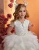 Flickaklänningar Flower Dress White Sparkly Layered Tulle kjol bröllop Elegant barns första eukaristiska födelsedagsfest