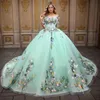 Sage Green Shiny Sweetheart Princess Quinceanera klänningar från axel 3D Applique Floral pärlspetsade snören Corset Prom de 15 Anos