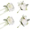 装飾的な花4 PCS牡丹手首の花のcorsages花嫁ブレスレットの男性ブートニエールは結婚式の母親と花groomのために設定されています