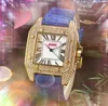 Cadran romain carré série Tank montre femme 36MM hommes 43MM véritable cuir de vache mouvement à quartz plein diamants bague boîtier horloge or rose argent Relogio Masculino montres