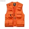 Plus size S-7XL colete masculino ao ar livre caminhadas pesca caça laranja multi-bolsos colete de secagem rápida respirável chaleco tactico hkd230831