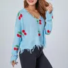 Maglioni da donna Casual Maglieria con nappe ciliegia Maglione da donna lavorato a maglia a maniche lunghe con scollo a V Pullover Autunno Inverno Top femminili Moda sciolto