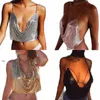 Women's Tanks Gold Sequins Camisoles Sexy Backless Chain Halter Crop Tops Deep V Night Club Wear Lady Ruched Bling Top Nightwear Camis