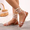 Sandały Kobiety błyszczące kryształowe paski na kostkę gladiator 2023 Summer Fashion Transparent Flats Woman Beach Buty plus rozmiar 43