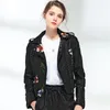 Mulheres de couro feminino floral impressão bordado falso macio jaqueta casaco turn-down colarinho feminino casual plutônio motocicleta preto punk outerwear