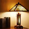 Table Lamps Tiffany Style Lamp Stained Glass Wood Base Desk Brown Reading Light NightLight Decor For Living Room Bedroom Home