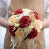Decorative Flowers Long-lasting Artificial Rose Realistic Reusable Wedding Bouquet With Ribbon Bowknot Green Leaves Elegant