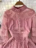 Robes décontractées Automne Vintage Femmes Rose / Noir / Blanc Robe de soirée en dentelle élégante col montant lanterne à manches longues au genou robes femme