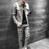 Men's Tracksuits Fashion Mens Casual Two Piece Cargo Denim Sets Punk Hole Ripped Jackets Ankle Length Slim Fit Jeans Biker Cowboy Matching