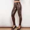 Shascullfites Melody Marrone Pantaloni in ecopelle Pantaloni skinny a vita media Cuciture con cerniera multipla per donna Moto Streetwear
