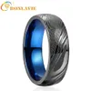 Wedding Rings BONLAVIE 8mm Gun Grey Damascus Steel Blue Inner Ring for Men Fashion Wedding Rings Gift Size 7-12 230831