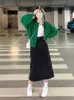 Suéteres femininos Deeptown Vintage Green Cropped Cardigan Mulheres Harajuku Oversized Malha Suéter Coreano Casual Manga Longa Tops 90s Streetwear 230831