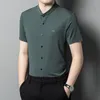 T-shirts pour hommes 2023 Élégant Col Mandarin Gents Casual Bleu Vert Bureau Porter Grande Taille Blouse Mari Vêtements Pour Hommes Mode Gris