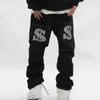 Jeans pour hommes High Street Lettre Imprimer Hip Hop Hommes Lâche Droite Denim Pantalon Streetwear Rétro Noir Baggy