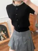 Pull femme gris ou noir décoration col rond manches courtes simple boutonnage dames mince tricot Cardigan 230831