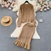 Casual Dresses Women Vintage Knit Two Pieces Skirt Sets Long Sleeve O Neck Loose Sweater And High Waist Hip Wrap Trumpet