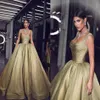 2019 Gold Square Neck Sukienki wieczorowe Długość podłogi Promowa Suknia Ruchowa suknia balowa formalne sukienki1856