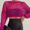 Kvinnors tröjor Kvinnor Rundhalsad långärmad Pullover Knitwear Y2K Multicolor Sticked Crop Top Summer Fishnet Hollow Out Smock Crochet Sweater HKD230831