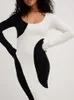 Robes décontractées tricoté Maxi robe femmes élégant Silm longue Vintage noir blanc manches pull dame sexy moulante Paty tricot