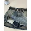 Faldas Y2K Vintage Mujer Coreano Azul Cinturones casuales Denim corto Mini Estético Grunge Cintura alta Jeans Una línea Falda Alt Ropa 230830