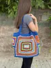 Sacos de noite Boêmio Azul Colorido Bonito Malha Manta Hippie Bolsas de Alta Capacidade Granny Square Crochet Bolsa para Praia de Verão