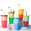 PP Discoloration Straw Cup Lid Reusable Cups Colorful Solid Color Changing Plastic Heat Insulation Portable Tumbler Magical Juice Coffee Mug HZ0058