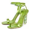 Sandals One Belt Rhinestone Women Heels Summer Sexy Open Toe High Silver Green Gold Ladies Shoes Party Wedding Shoe