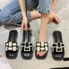 Slippers Square Head Knitted For Women 2023 Summer Fashion Casual Flip-flops Korean Grid Flat Shoes Ladies