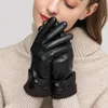 Guanti in pelle progettati per le donne in inverno caldo e lana ispessita antivento e freddo touch screen bici elettrica che guidano neri