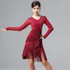 Scene Wear Fashion Latin Dance Costumes For Women Sexig Mesh Långärmad Rhinestone Tassel Dress Latino Practice DL7495