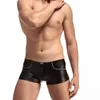 Sous-vêtements brillant imitation cuir façonnant boxer shorts hommes sexy sous-vêtements serrés taille basse coupe mince jambe plate clubwear