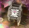 Célèbre carré romain cadran de réservoir amoureux montre de luxe plein diamants bague boîtier horloge bracelet en cuir véritable japon mouvement à quartz trois broches concepteur super montres cadeaux