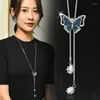 Pendant Necklaces Rhinestone Crystal Double Layer Butterfly Necklace Elegant Long Tassel Sweater Chain Jewelry Female Accessories