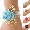 Decorative Flowers Girls Bridesmaid Wrist Wedding Prom Party Boutonniere Satin Rose Bracelet Fabric Hand Flower Decoration