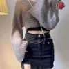 Kadın Sweaters Deeptown Y2K Kırpılmış Kazak Kadınlar Grunge Mesh Gyalu Örme Jumper Vintage Trik Giyim Kore Sokak Giyim Külkü Gri mahsul