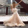 2020 Champagne sirène robes de mariée dentelle appliques col transparent robes de mariée plage balayage Train robe de mariée 222Q