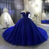 Elegante azul real princesa vestido de baile quinceanera vestidos fora do ombro apliques doce 15 16 vestido de baile vestidos de concurso