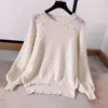 Women's Sweaters Retro Handmade Pearls Loose Knitted Sweater Beading Split Casual Pullover Lantern Sleeve Womens Jumpers Winter