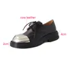 Sapatos de vestido Moda Mulheres Derby Plataforma Oxford Couro Genuíno Metal Toe Lace Up Casual Chunky Mid Saltos Bombas Senhoras Calçado Preto