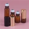 Quatily 1ml 2ml 3ml 5ml 10ml Amber Glass Roll On Bottle Empty Essential Oil Perfume Rollon Tube Metal Roller Ball Bottle gold Lid Travel Portable