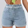 Kvinnors shorts sommarblomma knopp denim med bälte hög midja breda ben dragsko jeans fickor