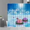 Tende da doccia Fiori di loto Zen Stone Sunny Beach Scenery Tende da doccia Foglie di bambù verde Fiore viola rosa Tenda da bagno impermeabile R230831