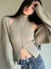 Women's Sweaters QWEEK Knitted Two Piece Set Women Vintage Zip Up Cropped Cardigan Vest and Aesthetic Fashion Wraps Korean Style Kpop Tops Autumn 230831