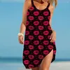 Robes décontractées Sexy Lip 3D Imprimer Jupe à bretelles pour femmes Mode Femme Robe sans manches Y2K Streetwear Boho Beach Ladies Beachwear